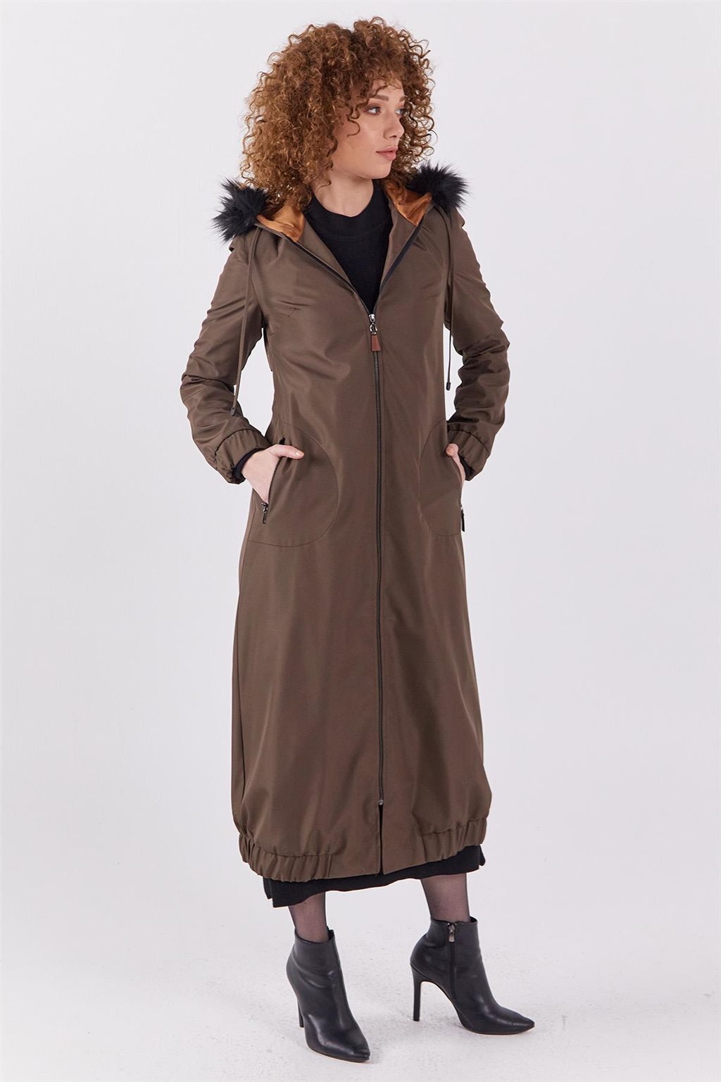 Faux Fur Zippered Coat Khaki