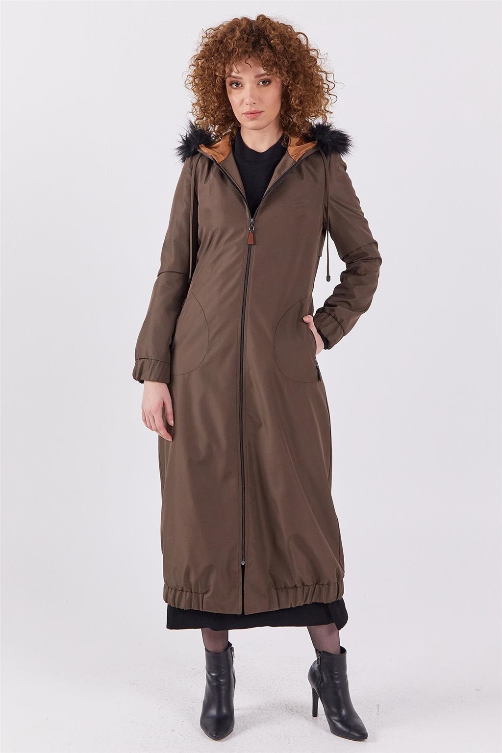 Faux Fur Zippered Coat Khaki