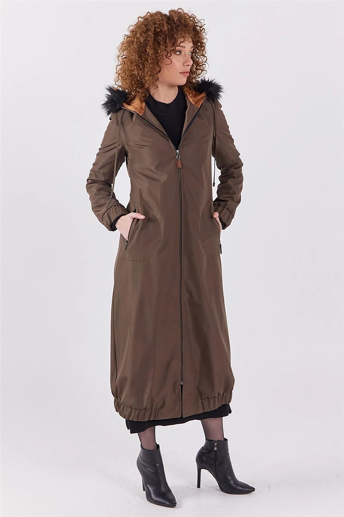 Faux Fur Zippered Coat Khaki