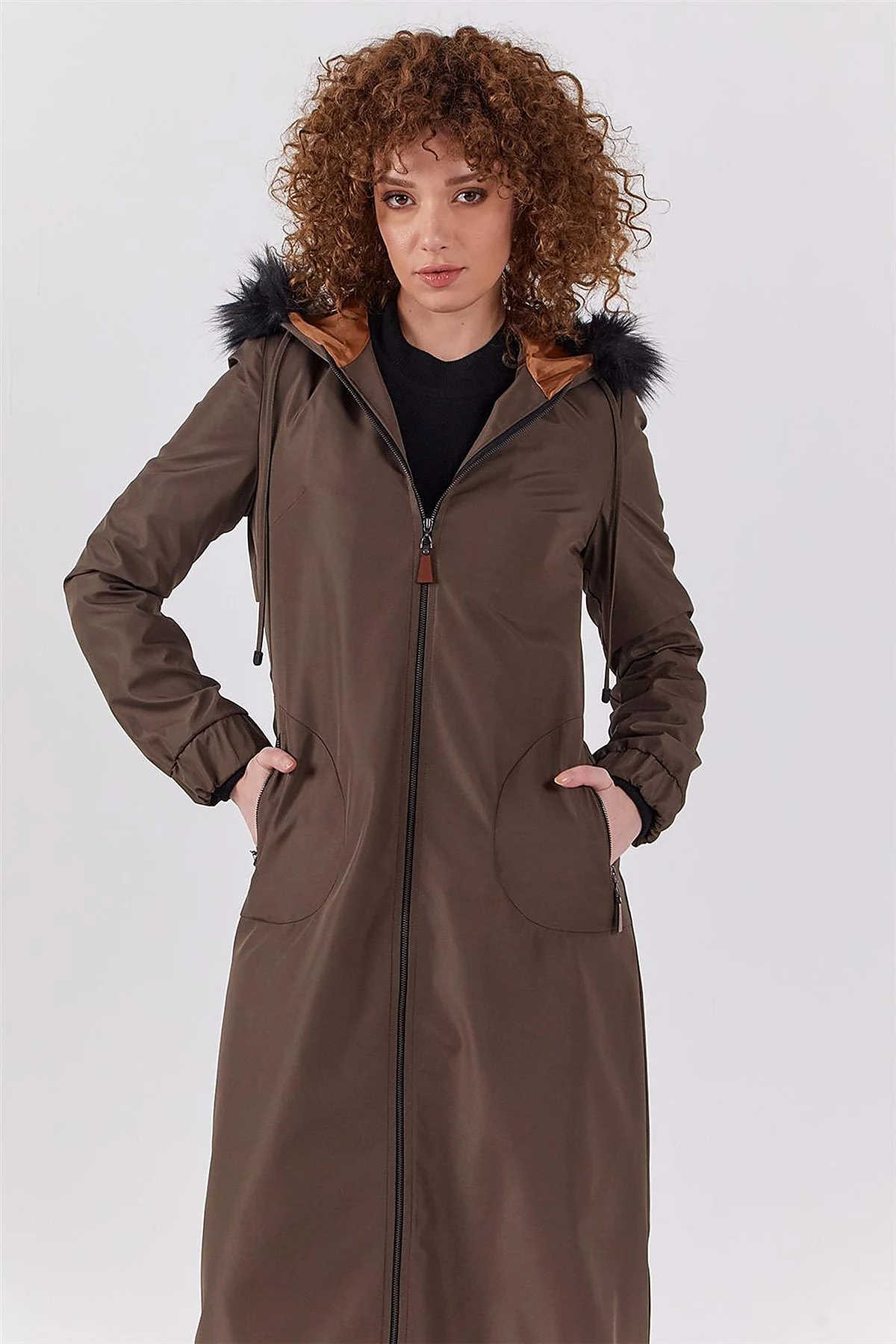 Faux Fur Zippered Coat Khaki