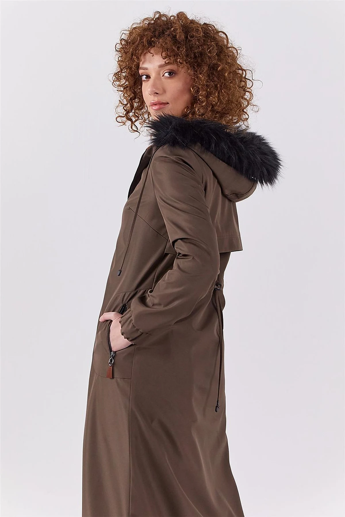 Faux Fur Zippered Coat Khaki