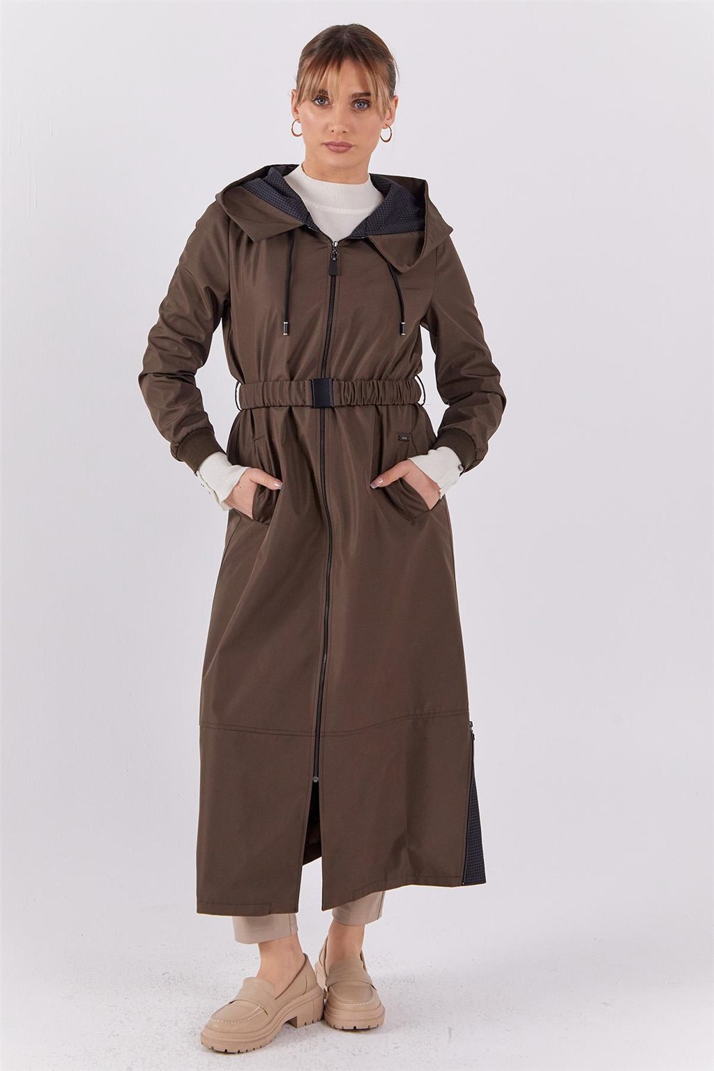 Belted Hooded Coat Khaki