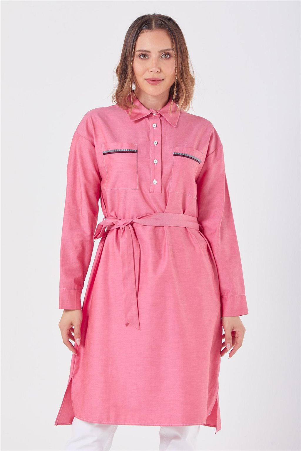 Belted Tunic with Half Button Closure Pink