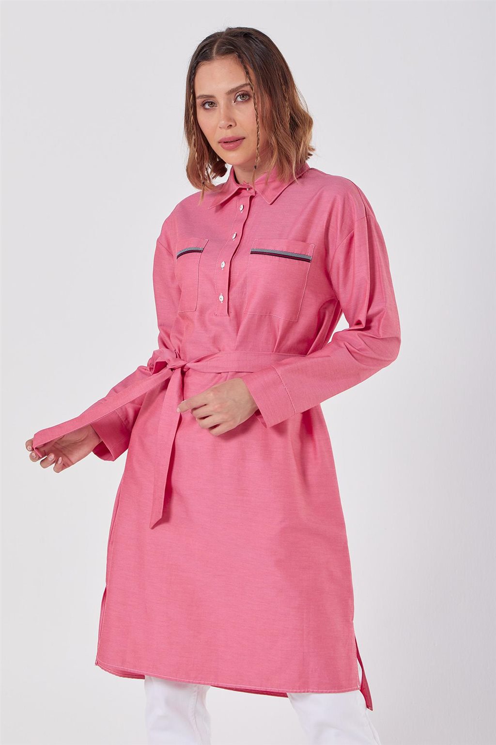 Yarım Düğme Kapamalı Kuşaklı Tunik Pembe