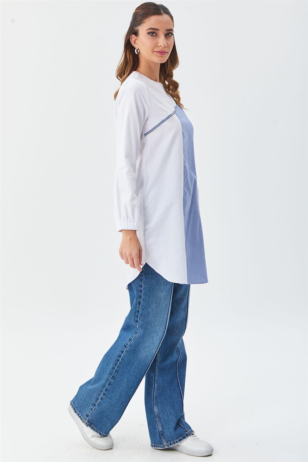 Contrasted Stripe Pattern Tunic Optical White-Blue