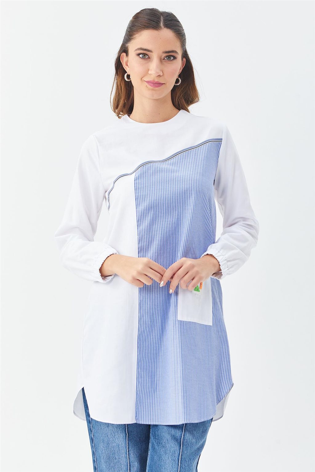 Contrasted Stripe Pattern Tunic Optical White-Blue