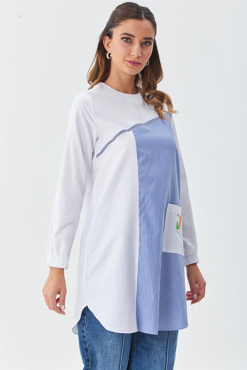 Contrasted Stripe Pattern Tunic Optical White-Blue