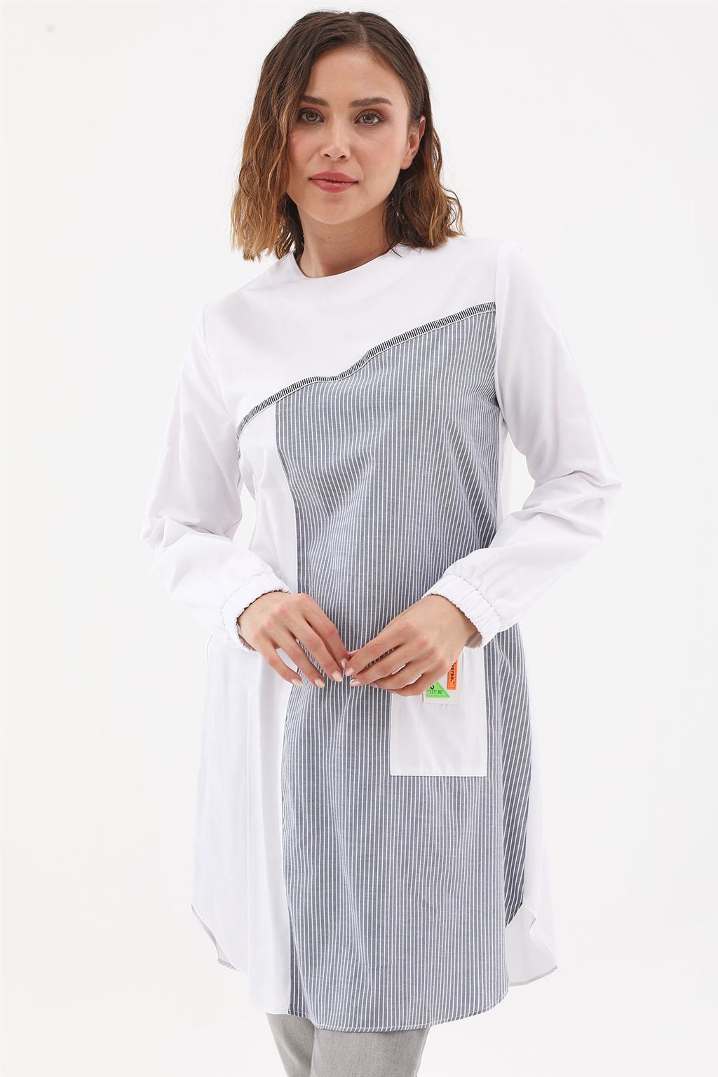 Contrasted Stripe Pattern Tunic Optical White-Navy
