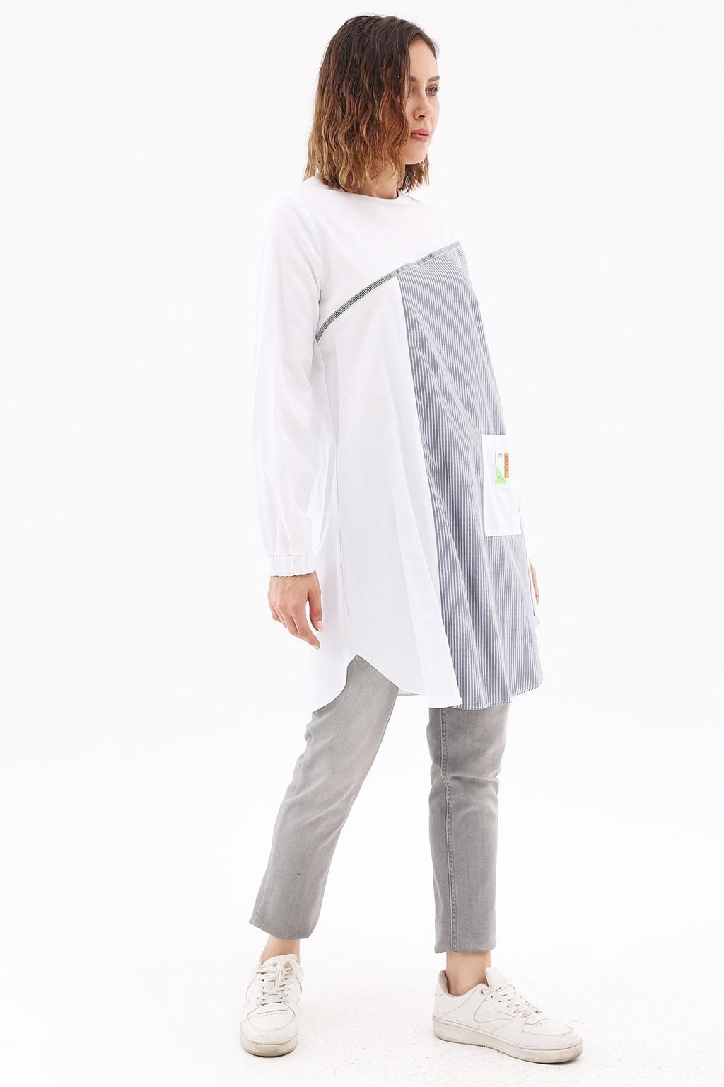 Contrasted Stripe Pattern Tunic Optical White-Navy