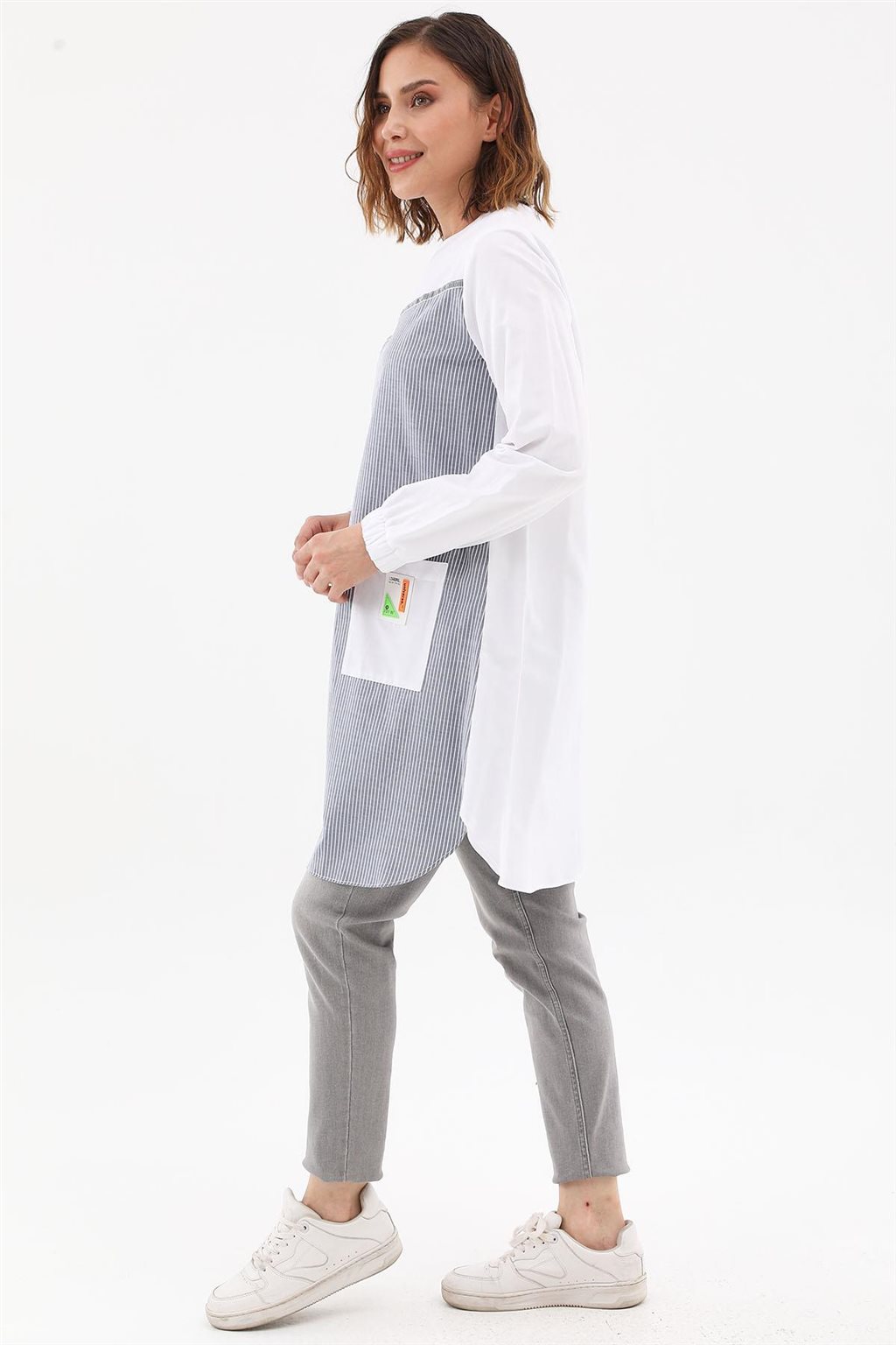 Contrasted Stripe Pattern Tunic Optical White-Navy