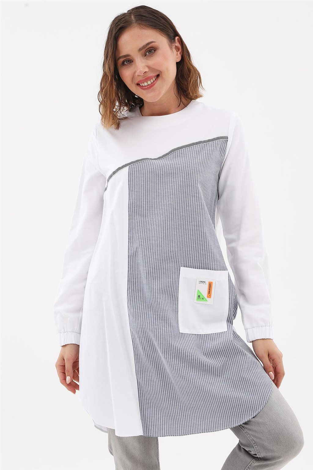 Contrasted Stripe Pattern Tunic Optical White-Navy
