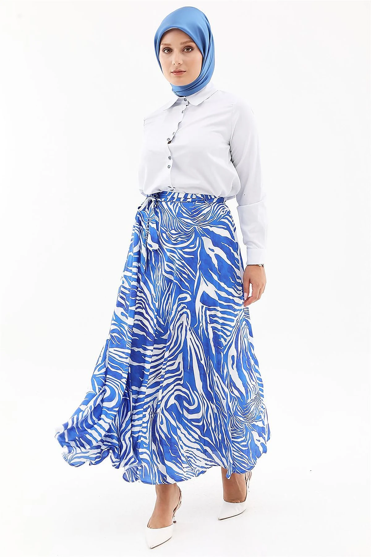 Zebra Print Belted A-line Skirt Royal Blue