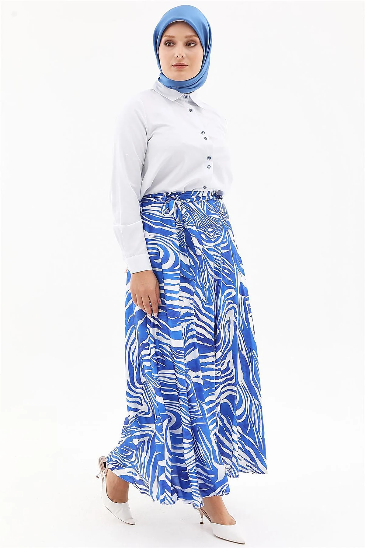 Zebra Print Belted A-line Skirt Royal Blue