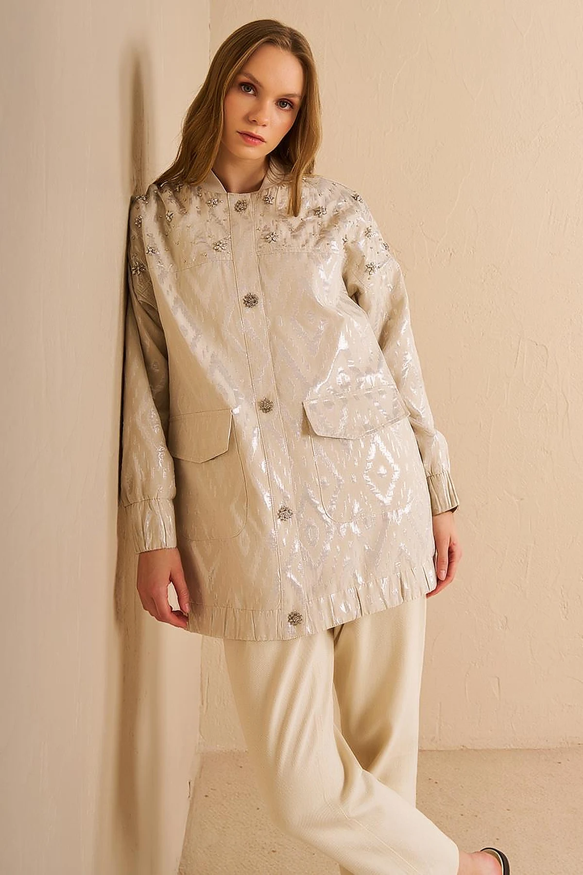 Lozenge Patterned Jacquard Jacket Cream