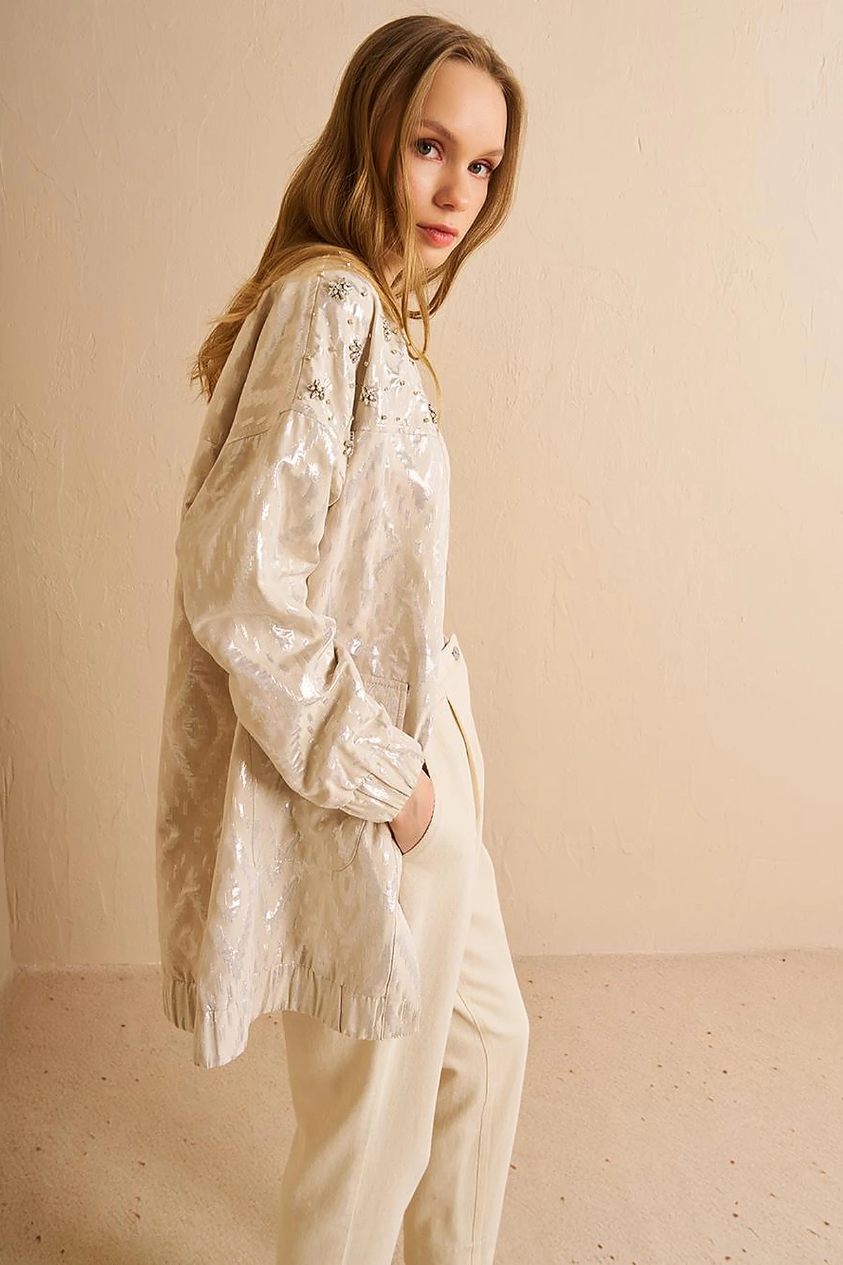 Lozenge Patterned Jacquard Jacket Cream