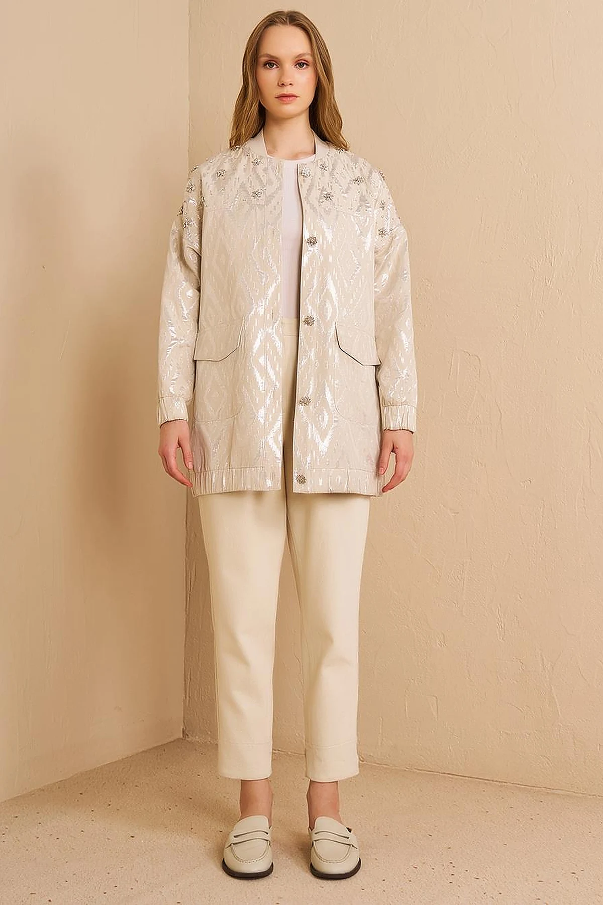 Lozenge Patterned Jacquard Jacket Cream