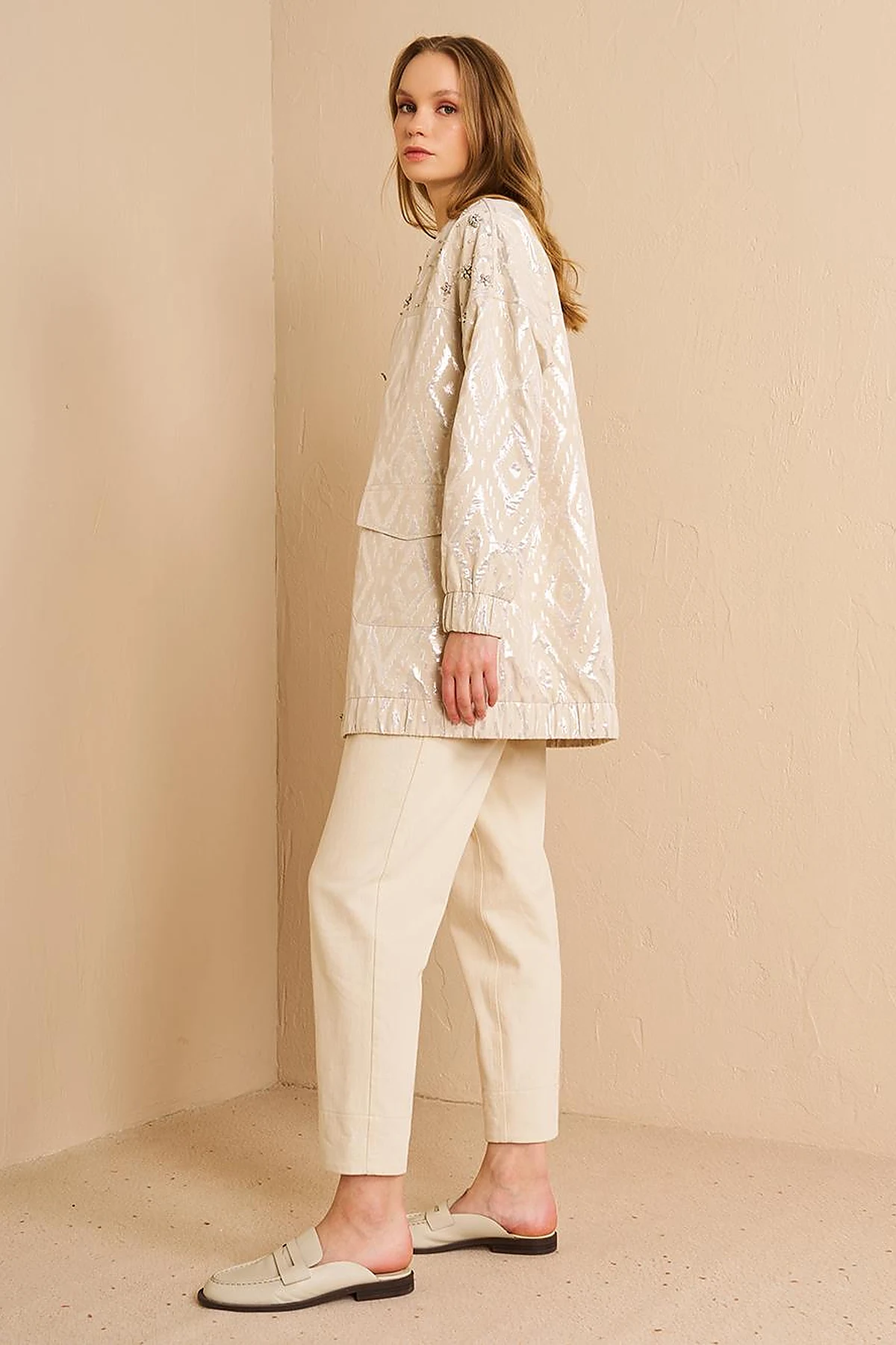 Lozenge Patterned Jacquard Jacket Cream