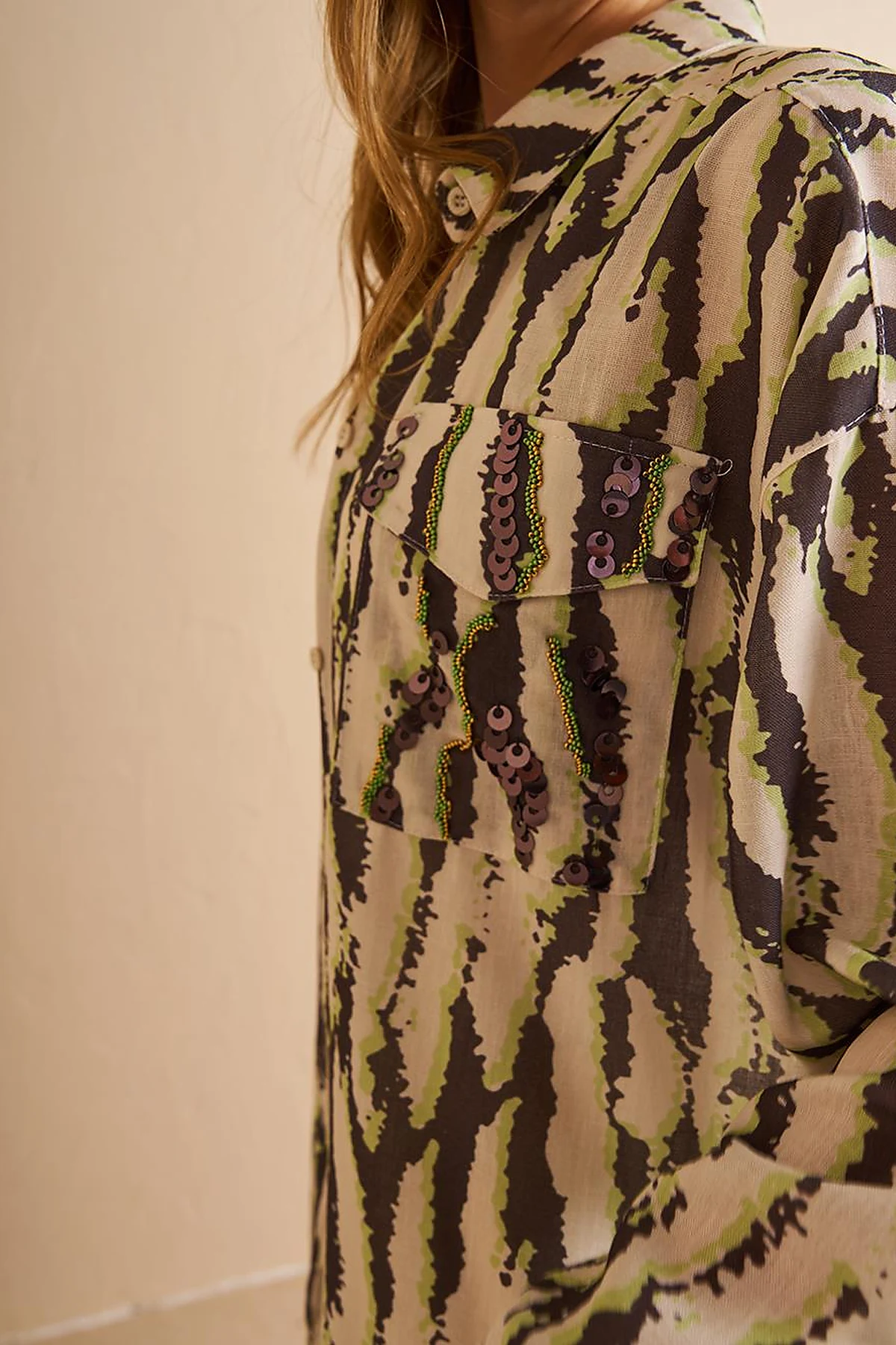 Abstract Pattern Shirt Collar Tunic Khaki