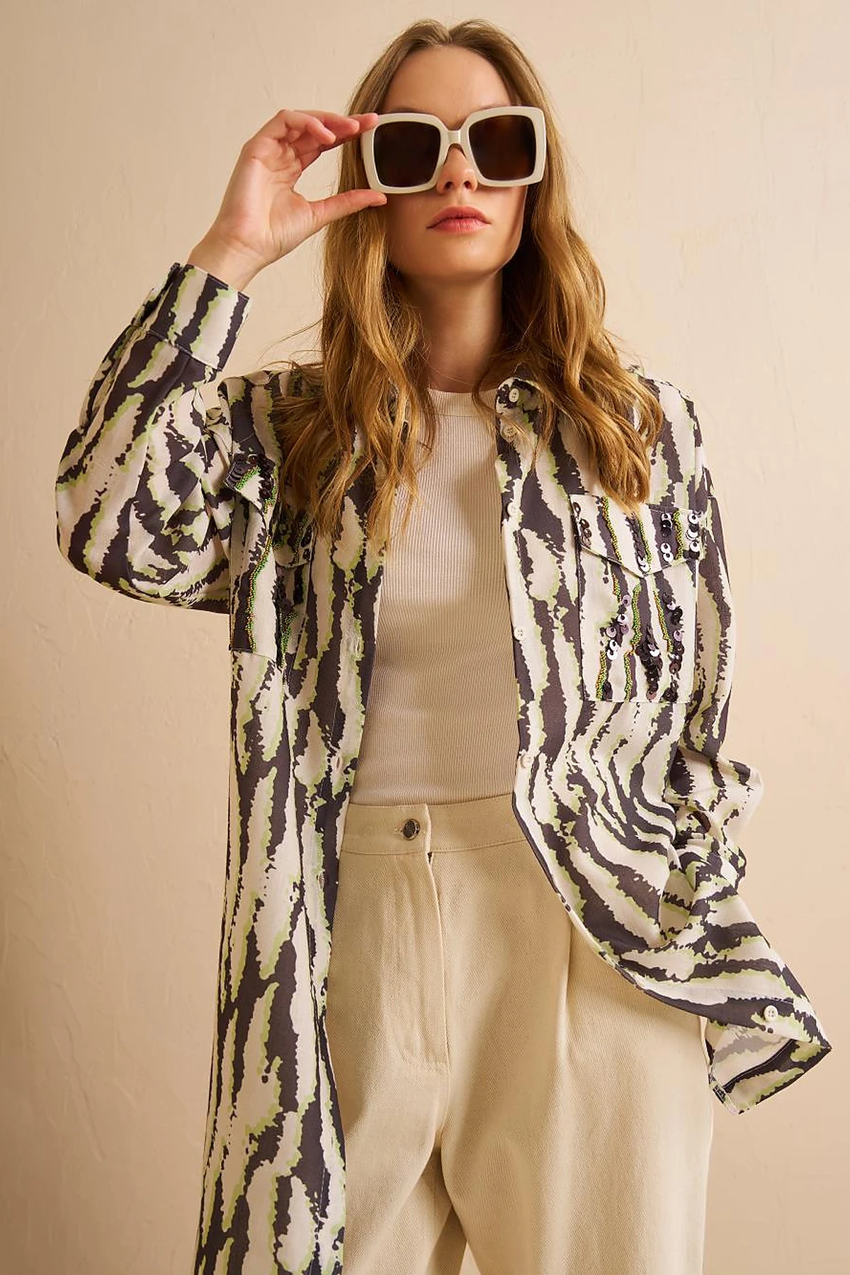 Abstract Pattern Shirt Collar Tunic Khaki