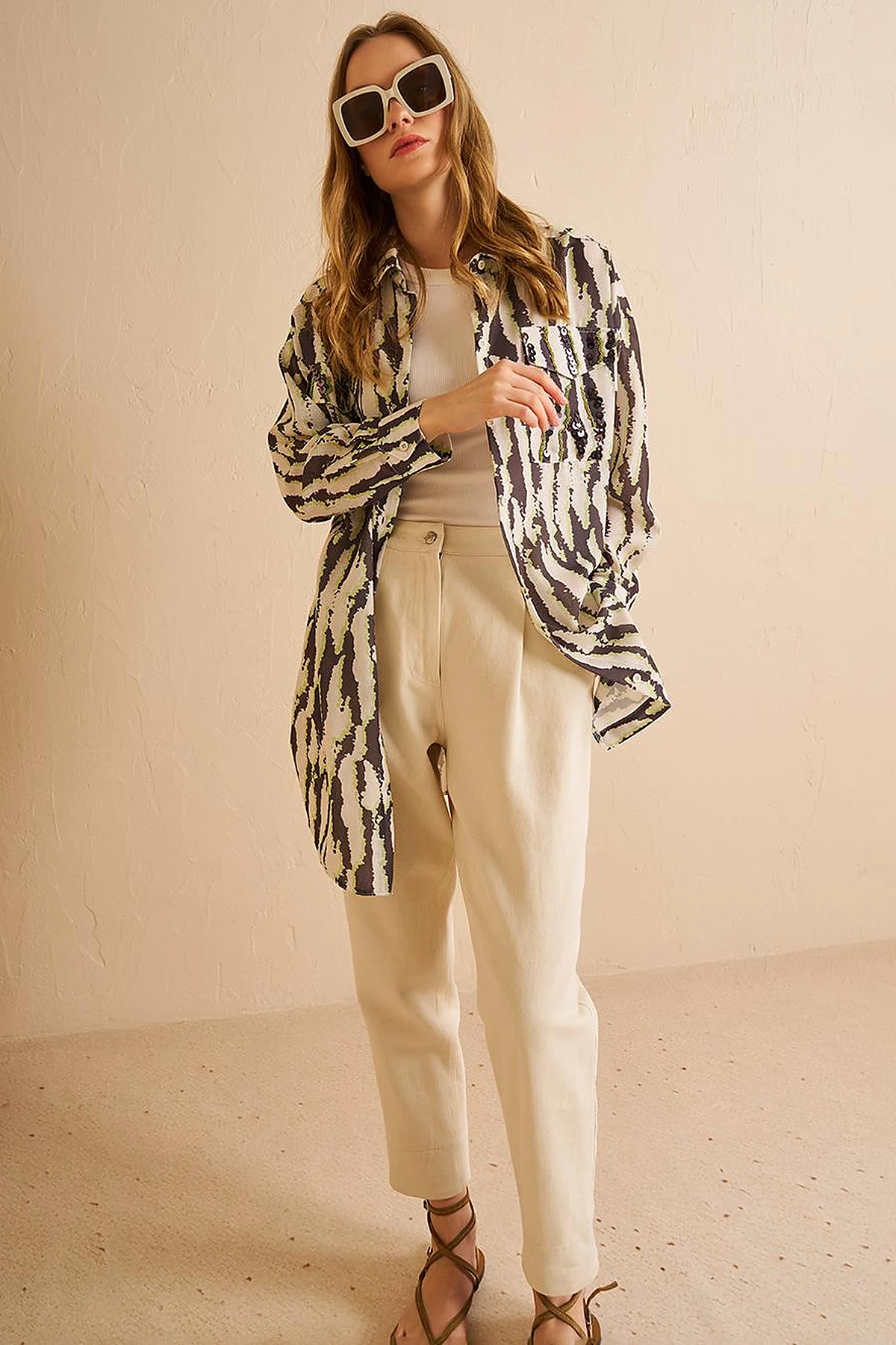 Abstract Pattern Shirt Collar Tunic Khaki