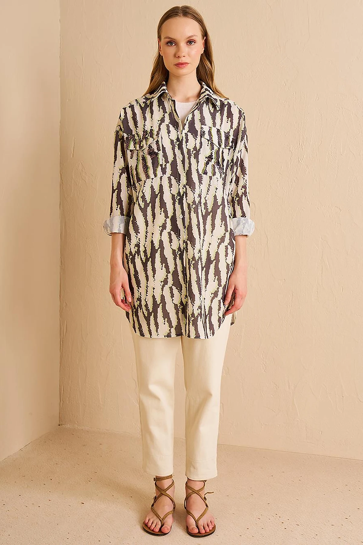 Abstract Pattern Shirt Collar Tunic Khaki