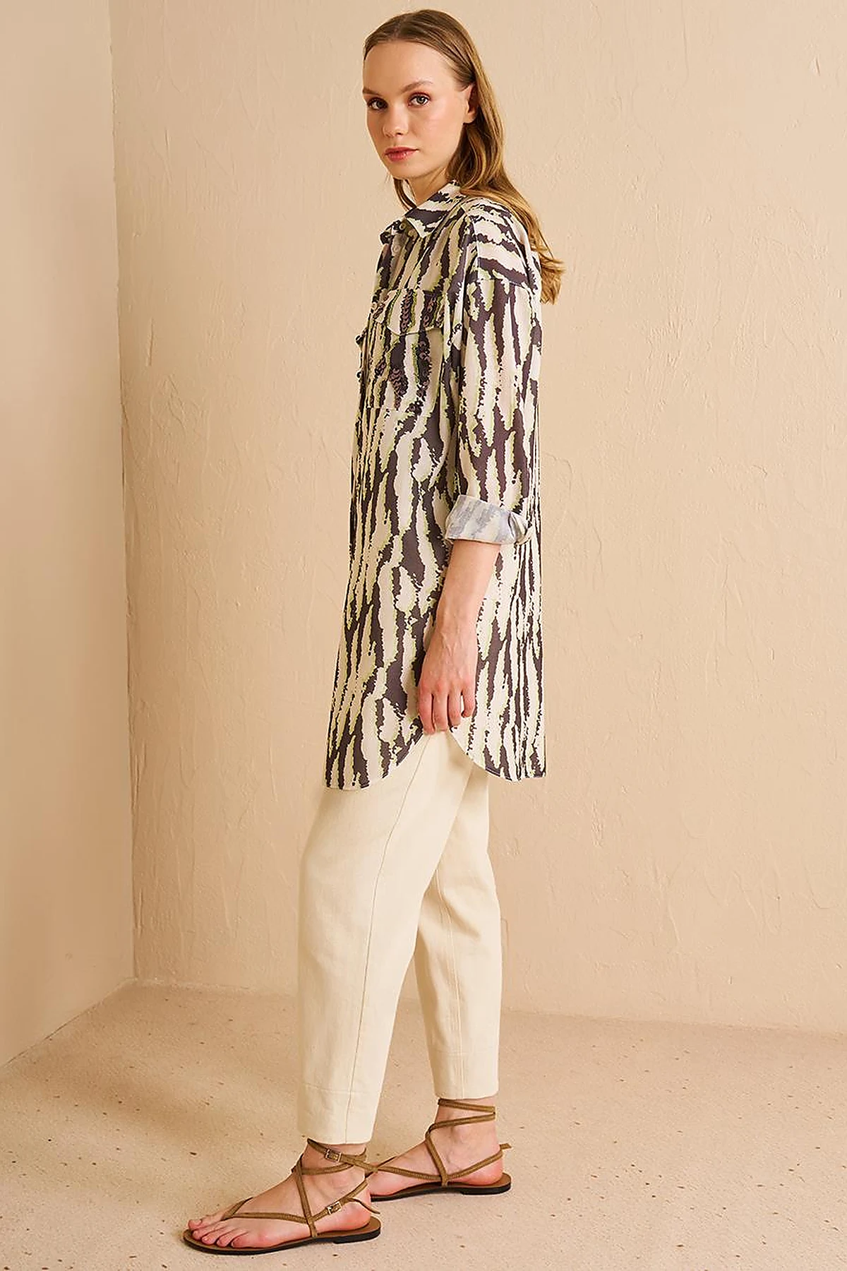 Abstract Pattern Shirt Collar Tunic Khaki