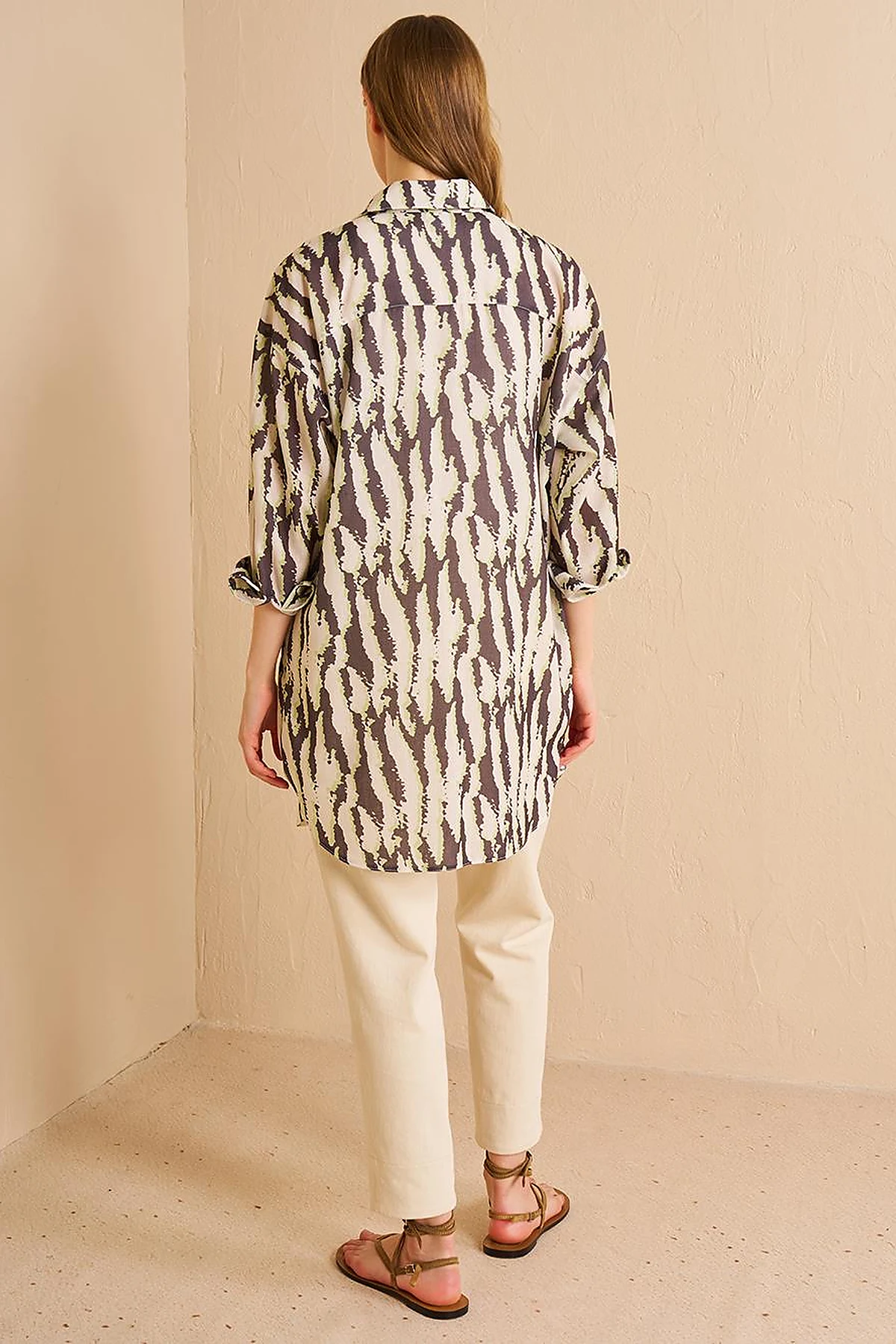 Abstract Pattern Shirt Collar Tunic Khaki