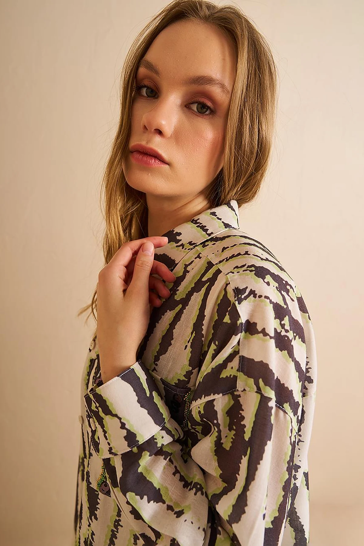 Abstract Pattern Shirt Collar Tunic Khaki