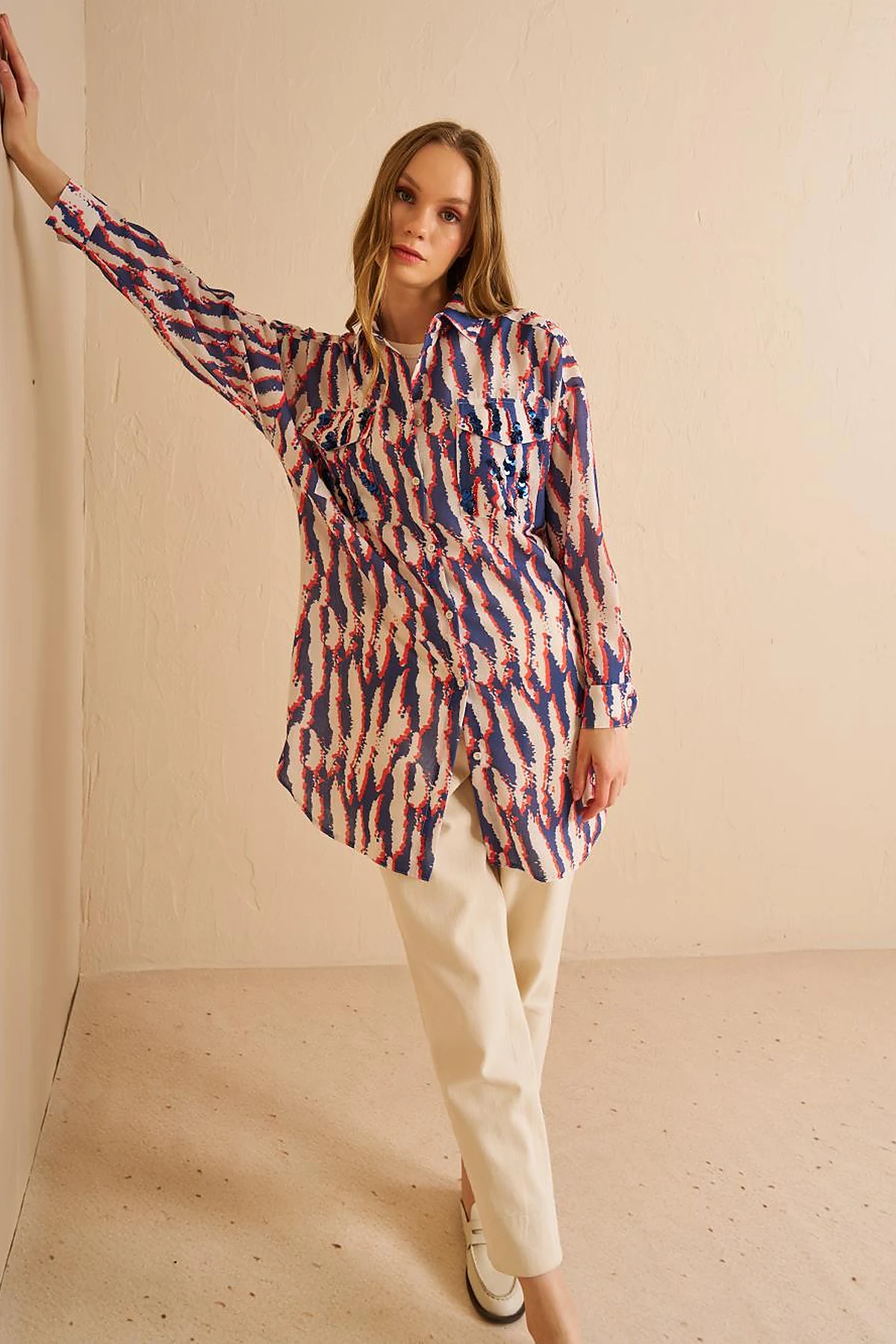 Abstract Pattern Shirt Collar Tunic Navy Blue