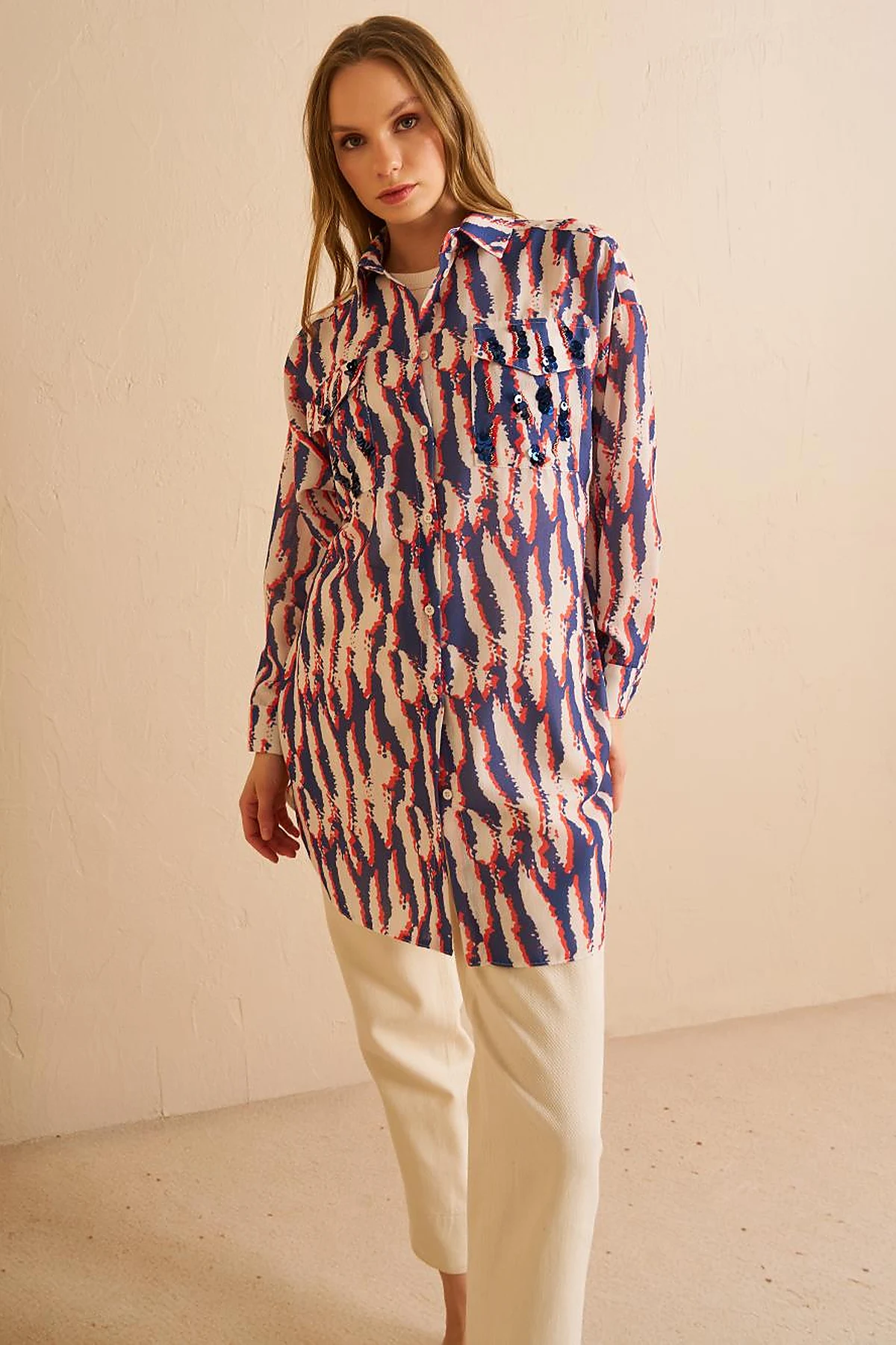 Abstract Pattern Shirt Collar Tunic Navy Blue