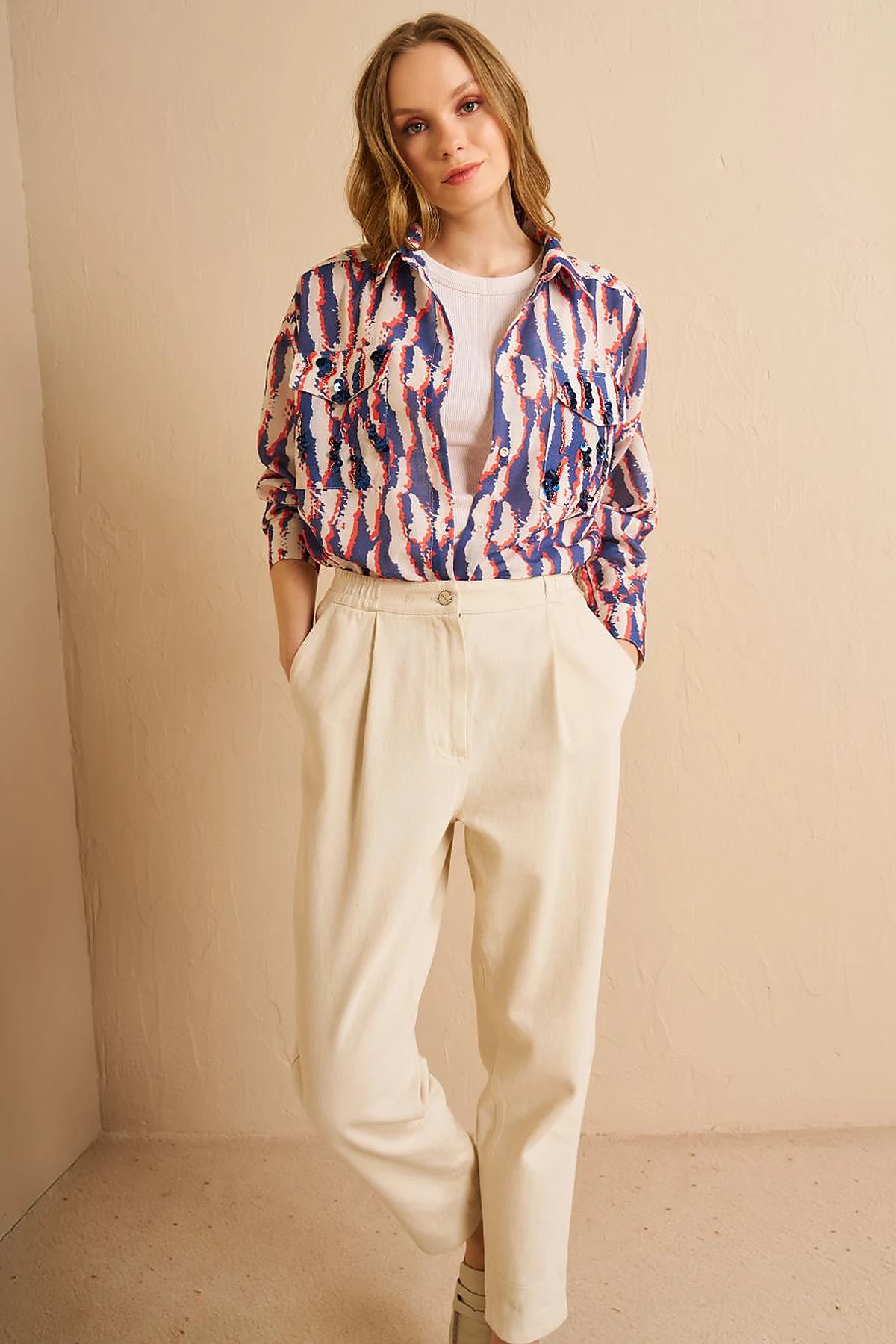 Abstract Pattern Shirt Collar Tunic Navy Blue
