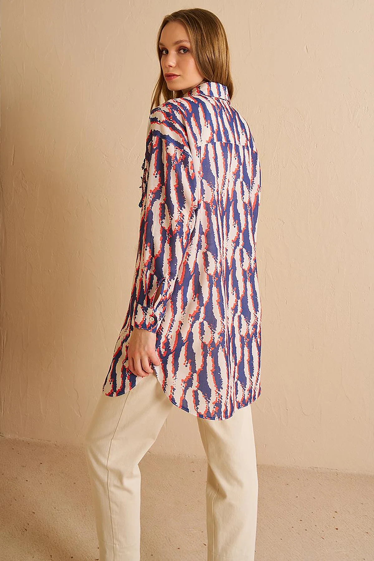 Abstract Pattern Shirt Collar Tunic Navy Blue