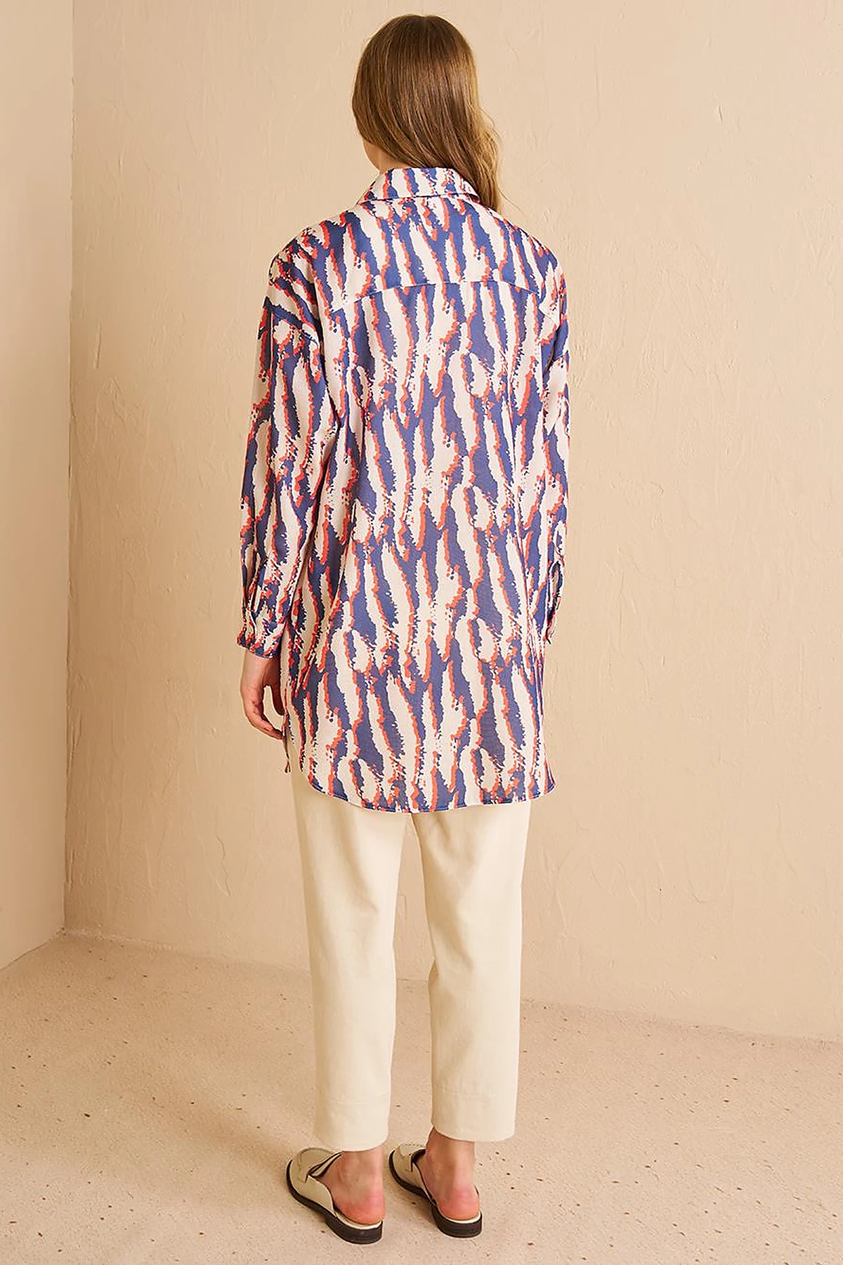 Abstract Pattern Shirt Collar Tunic Navy Blue