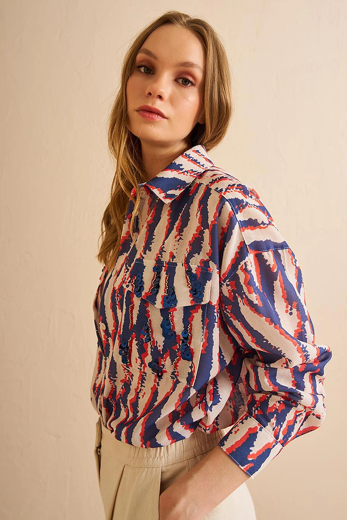 Abstract Pattern Shirt Collar Tunic Navy Blue