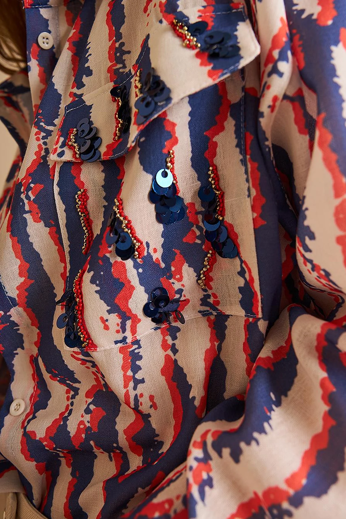 Abstract Pattern Shirt Collar Tunic Navy Blue