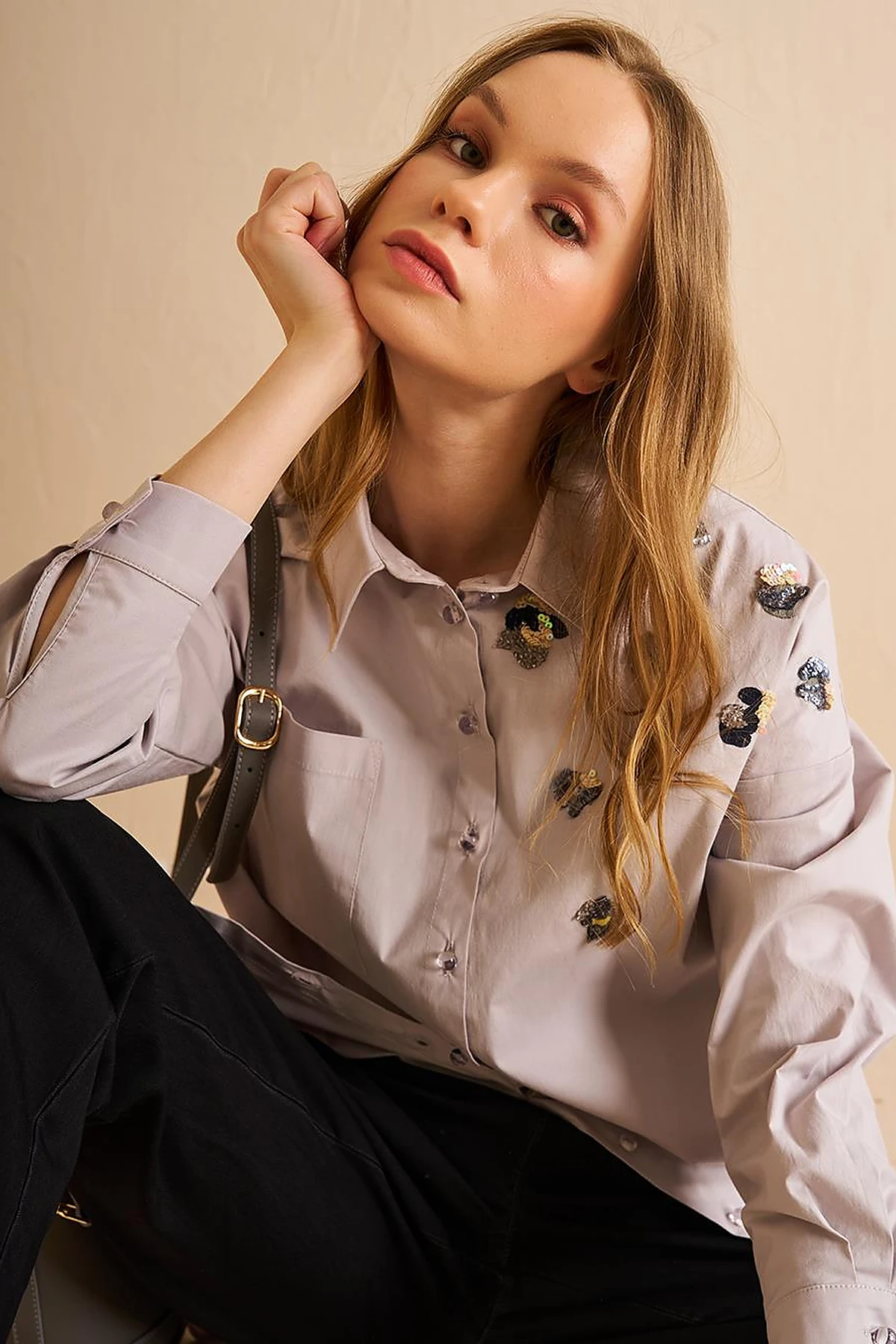 Sequin Embroidered Cotton Tunic Light Gray