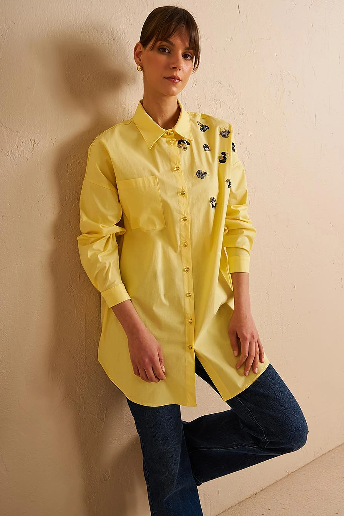Sequin-Embellished Cotton Tunic Lemon