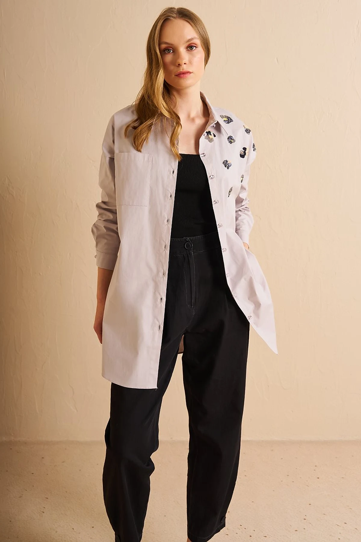 Sequin Embroidered Cotton Tunic Light Gray