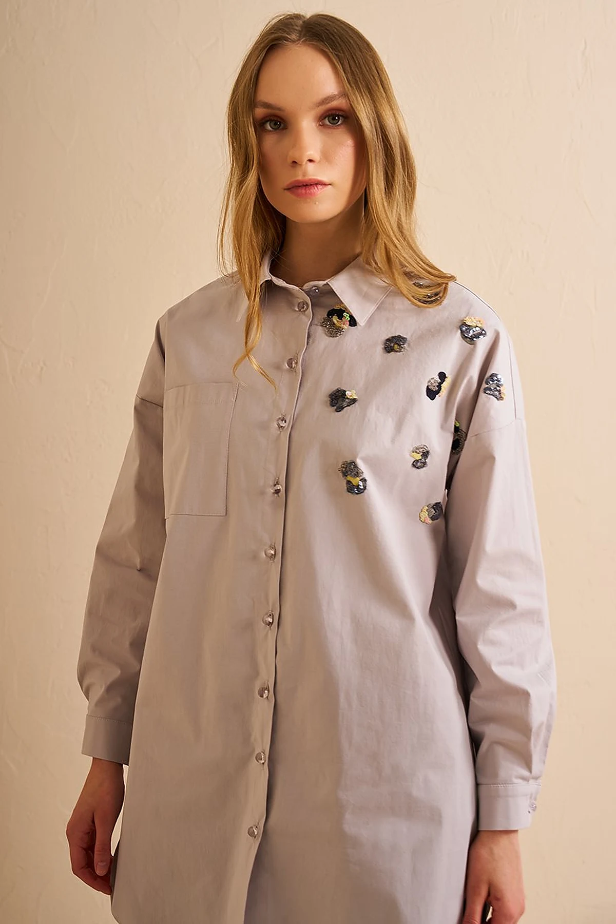 Sequin Embroidered Cotton Tunic Light Gray