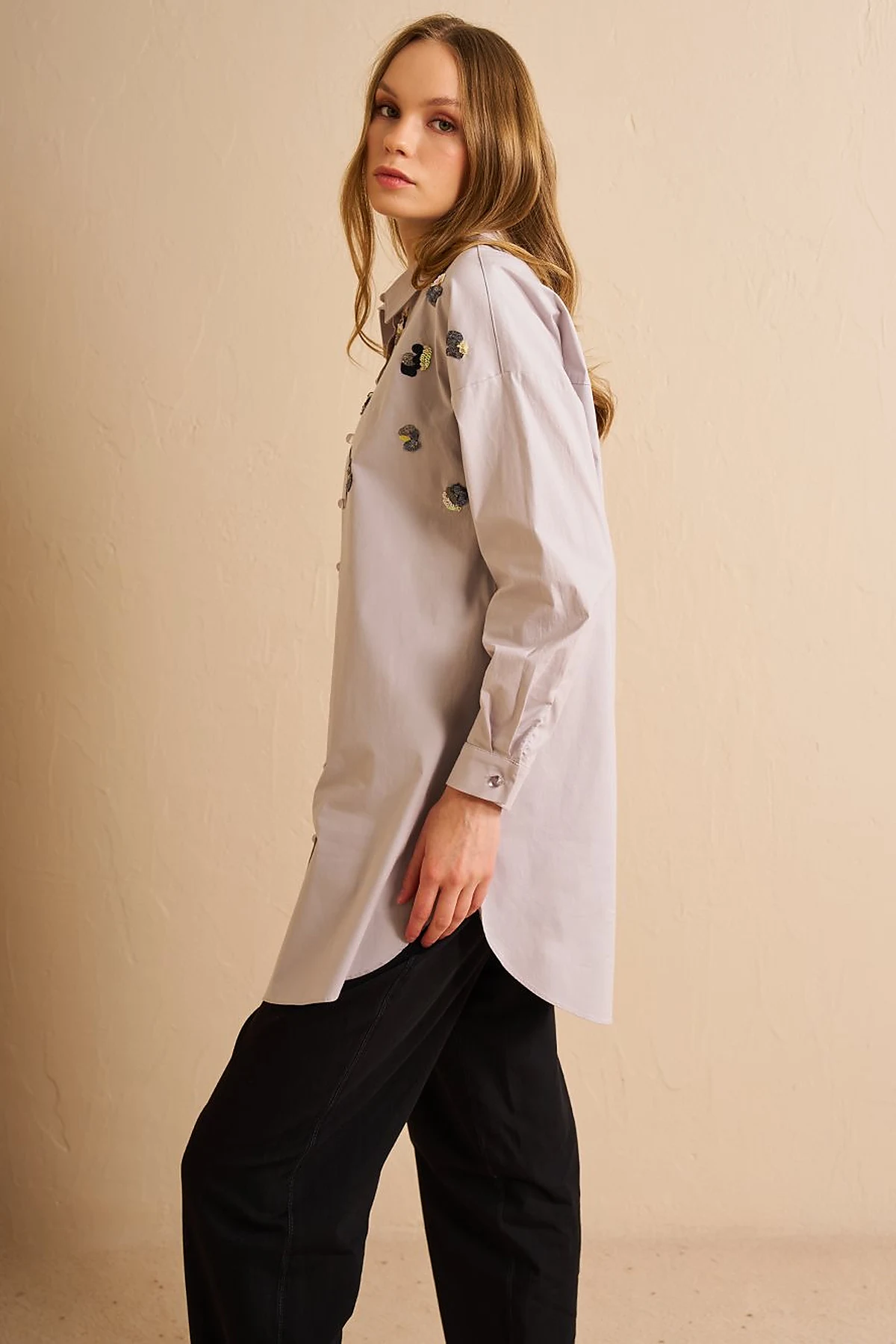 Sequin Embroidered Cotton Tunic Light Gray