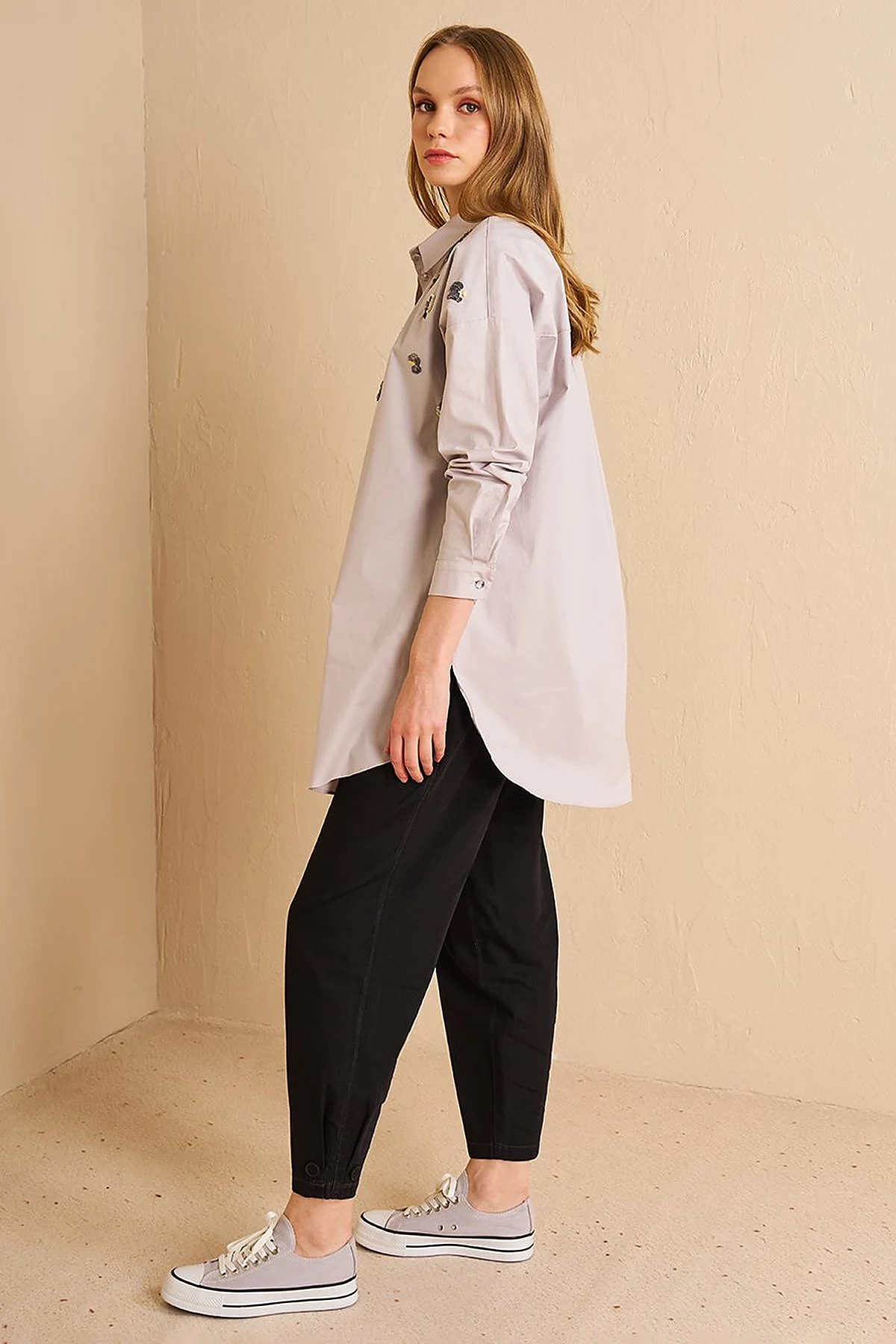 Sequin Embroidered Cotton Tunic Light Gray