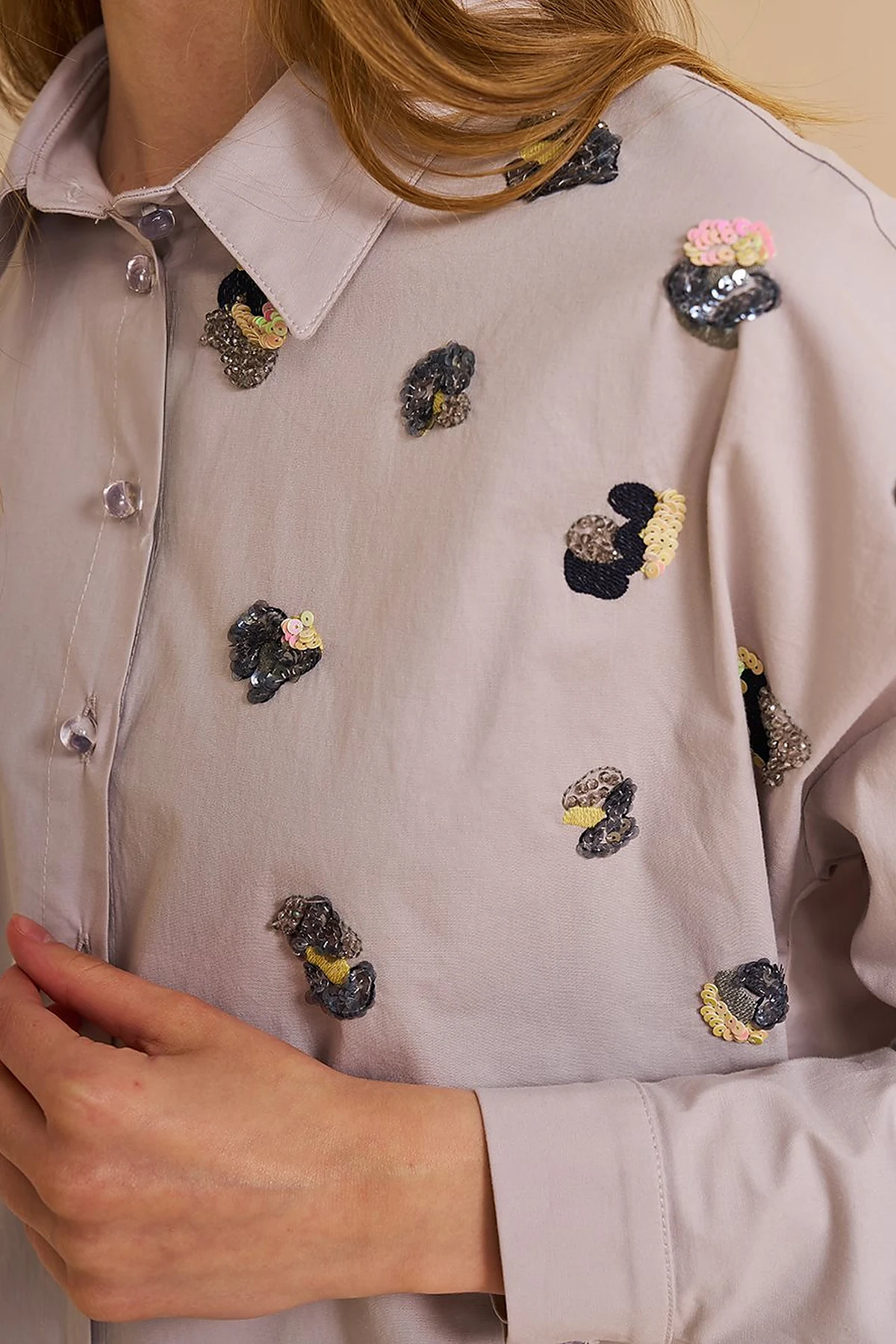 Sequin Embroidered Cotton Tunic Light Gray