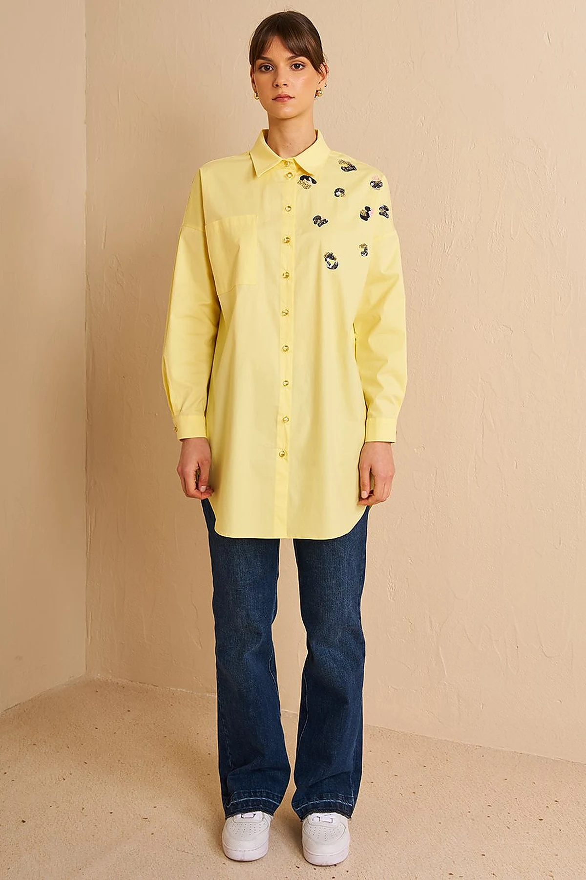 Sequin-Embellished Cotton Tunic Lemon