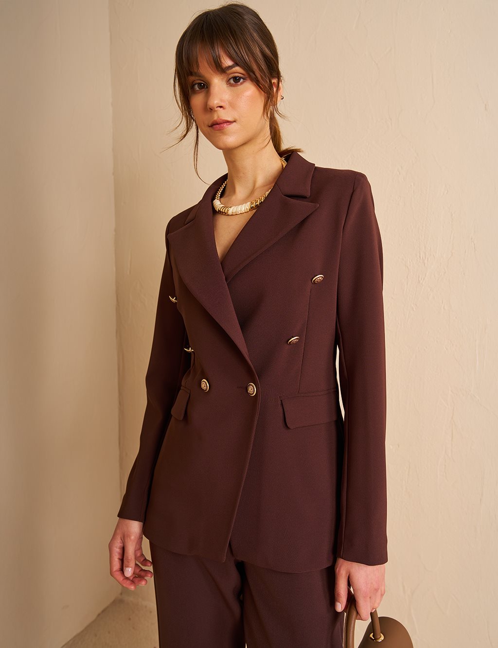 Düğmeli Blazer Ceket Koyu Kahve