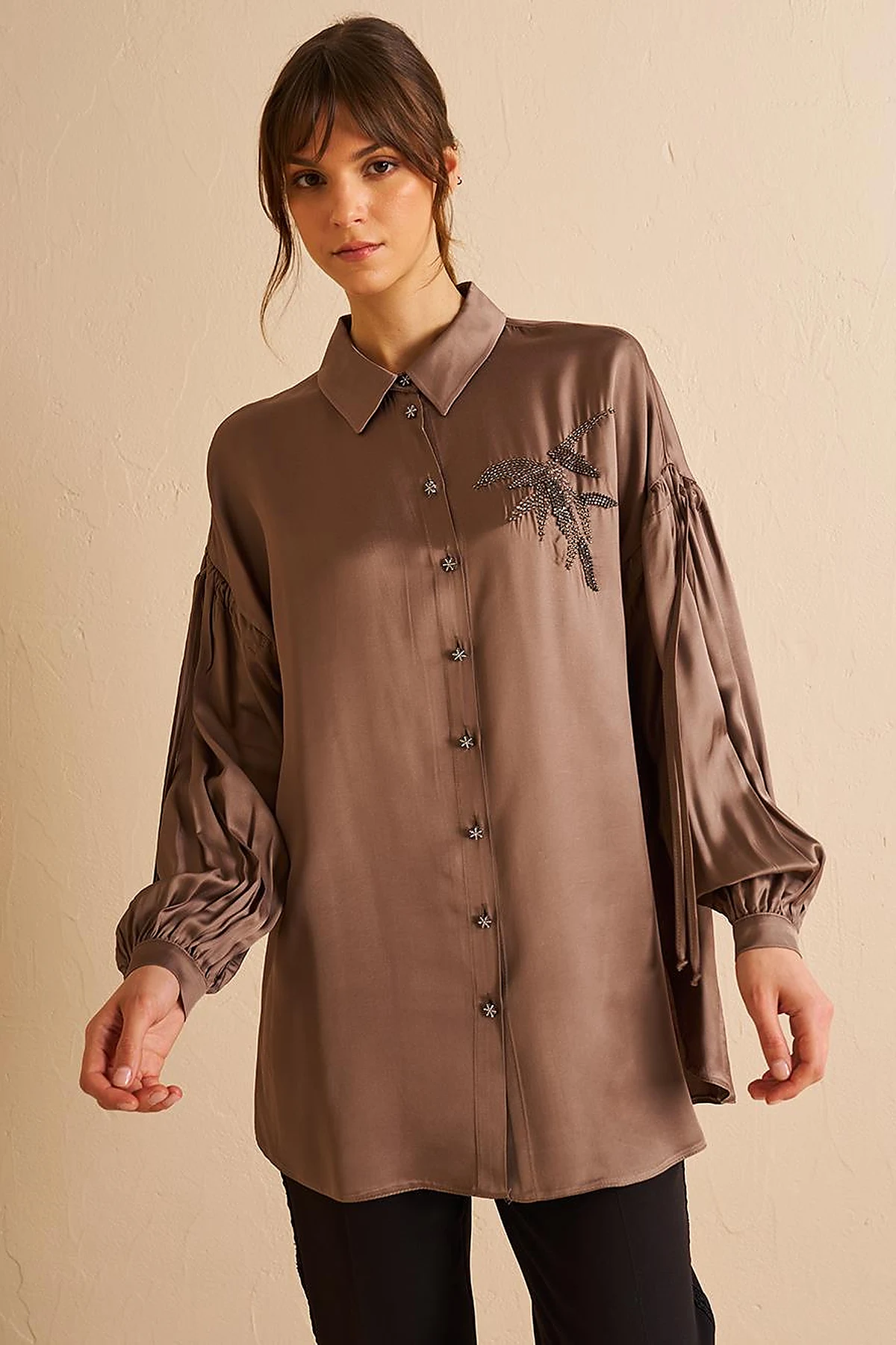 Embroidered Elegant Tunic Dark Mink