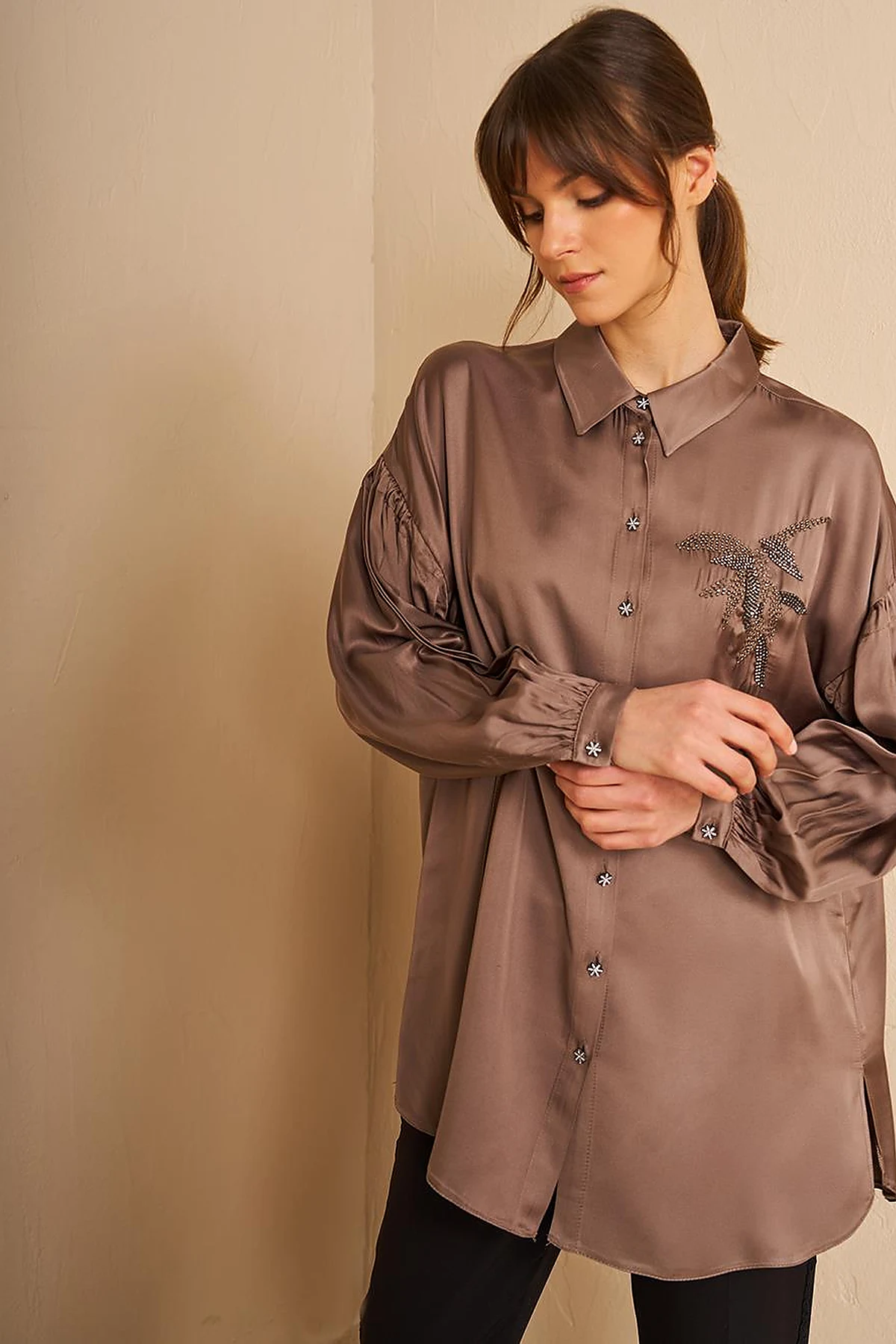 Embroidered Elegant Tunic Dark Mink