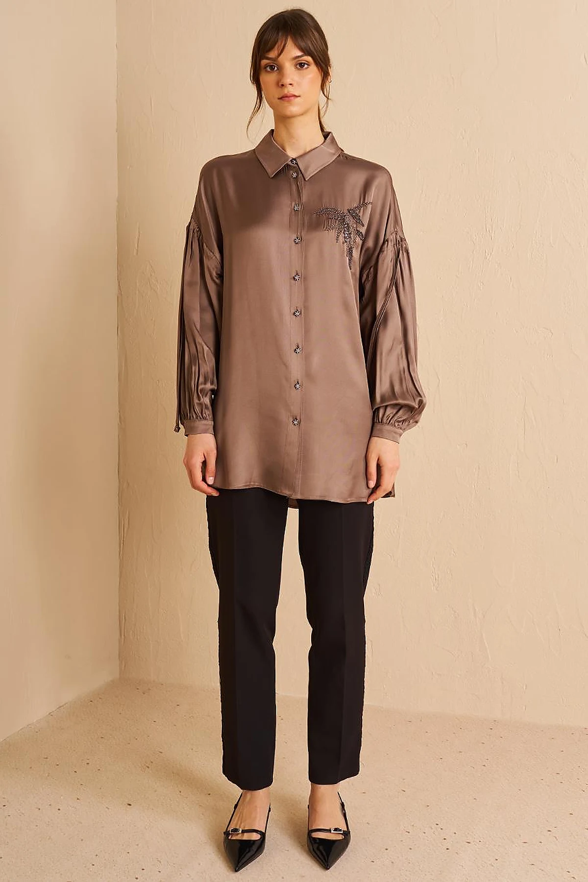 Embroidered Elegant Tunic Dark Mink