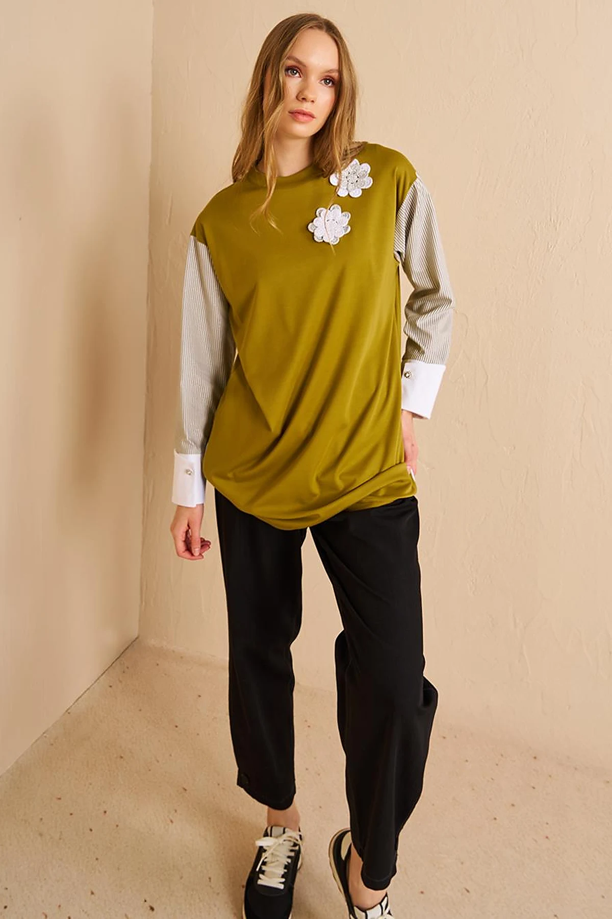 Floral Appliqué Jersey Tunic Khaki