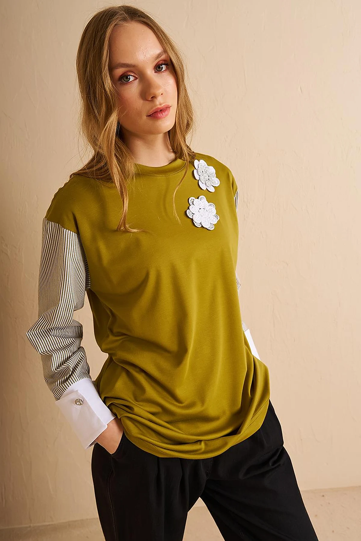 Floral Appliqué Jersey Tunic Khaki