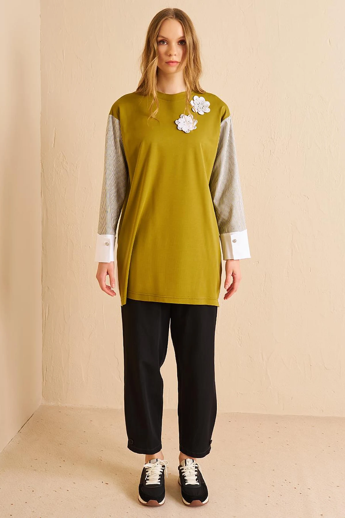 Floral Appliqué Jersey Tunic Khaki